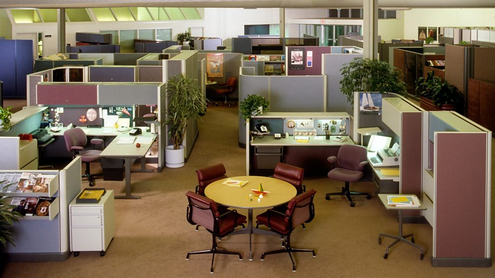 Corporate cubicle office floor plan 1990s showing rows of workstations and perimeter supervisor cabins